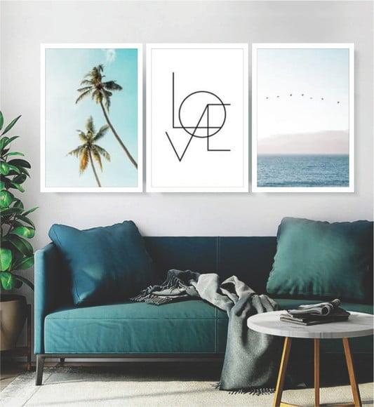 Kit 3 Quadros Love Praia Coqueiro Decoração Casal Molduras
