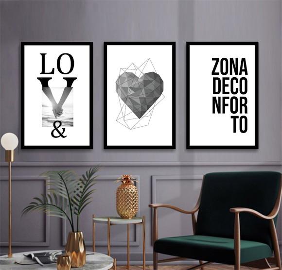 Kit 3 Quadros Love Quarto Casal Decoração Frases Molduras