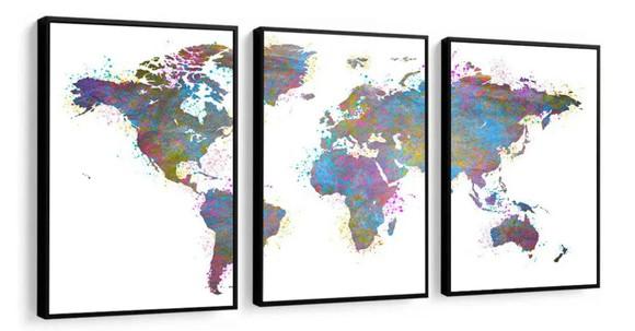 Kit 3 Quadros Mapa Mundi Países Decoração Conjunto Moldura
