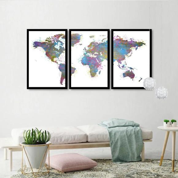 Kit 3 Quadros Mapa Mundi Países Decoração Conjunto Moldura