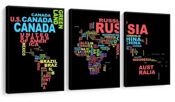 Kit 3 Quadros Mapa Mundi Países Decoração Conjunto Molduras