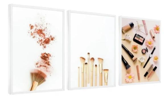 Kit 3 Quadros Maquiagem Salão De Beleza Decoração Moldura