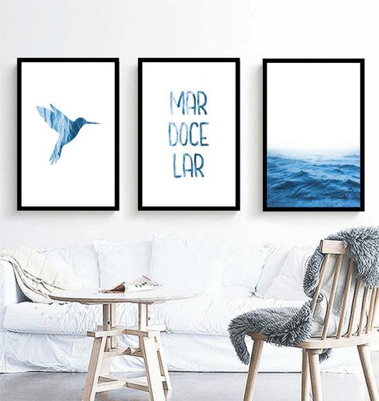 Kit 3 Quadros Mar Azul Frases Decoração Conjunto Com Moldura