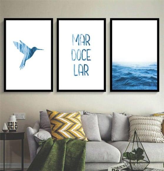 Kit 3 Quadros Mar Azul Frases Decoração Conjunto Com Moldura