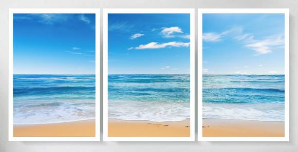 Kit 3 Quadros Mar Azul Praia Paisagem Decoração com Moldura