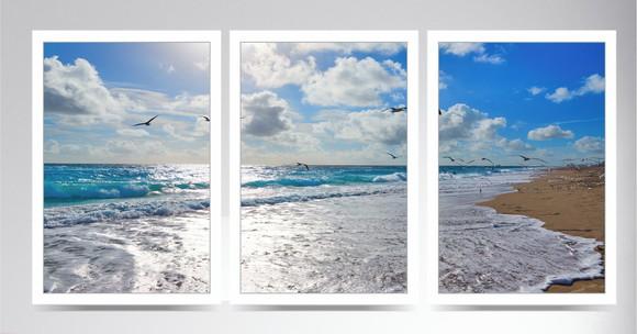 Kit 3 Quadros Mar Pássaros Gaivotas Onda Decoração Molduras