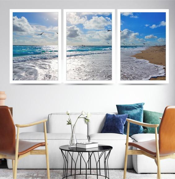 Kit 3 Quadros Mar Pássaros Gaivotas Onda Decoração Molduras