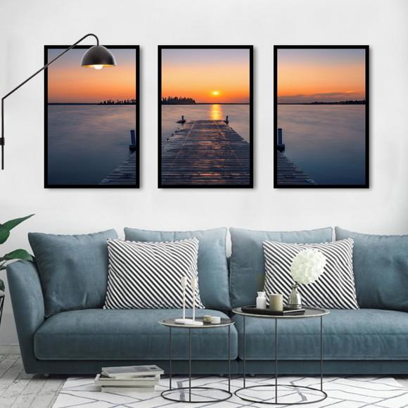 Kit 3 Quadros Mar Praia Pôr Do Sol Deck Decoração Moldura