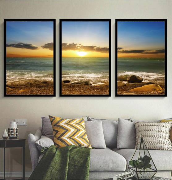 Kit 3 Quadros Mar Praia Paisagem Sol Ondas Decoração Moldura