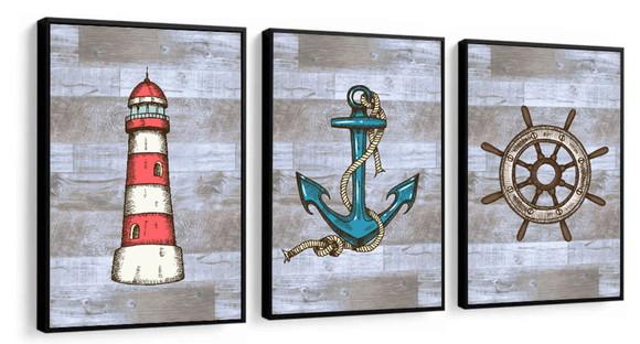 Kit 3 Quadros Marinha Farol Ancora Barcos Decoração Molduras