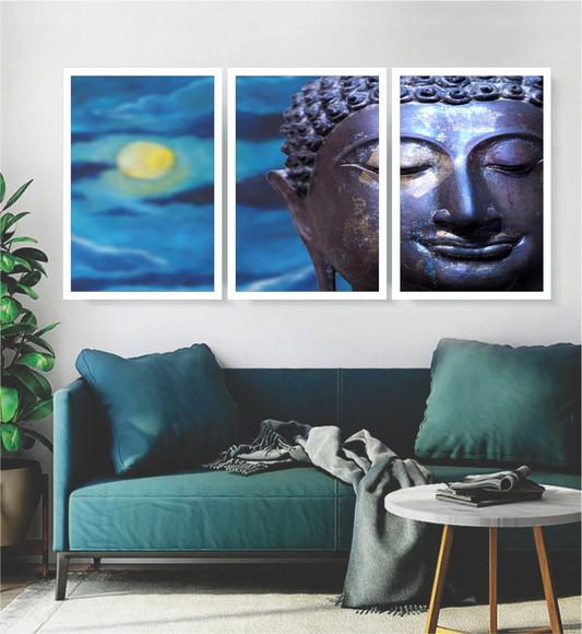 Kit 3 Quadros Meditação Buda Decoração Azul Conjunto Moldura