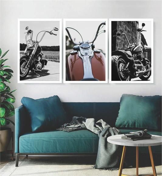 Kit 3 Quadros Motocicleta Harley Decoração Conjunto Molduras