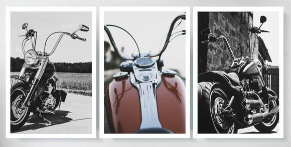 Kit 3 Quadros Motocicleta Harley Decoração Conjunto Molduras