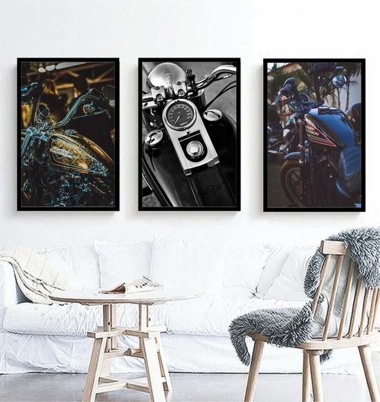 Kit 3 Quadros Motocicletas Harley Decoração Moderna Molduras