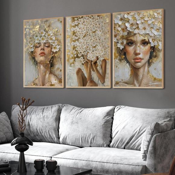 Kit 3 Quadros Mulher Floral Luxo Decoração com Moldura Vidro