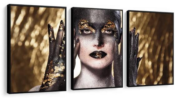 Kit 3 Quadros Mulher Maquiagem Dourado Decoração Com Moldura
