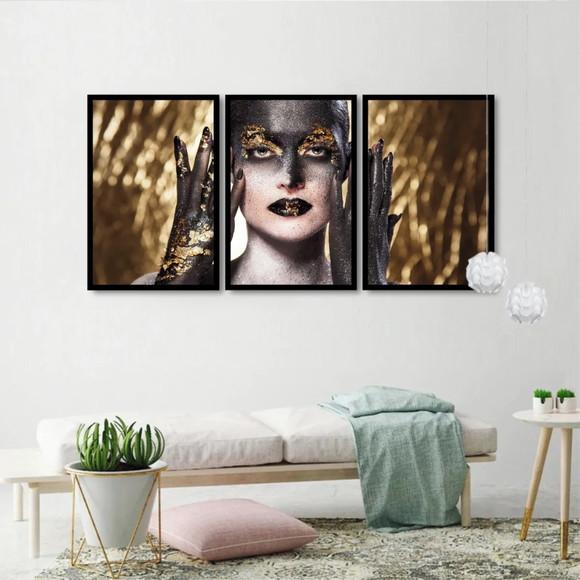 Kit 3 Quadros Mulher Maquiagem Dourado Decoração Com Moldura