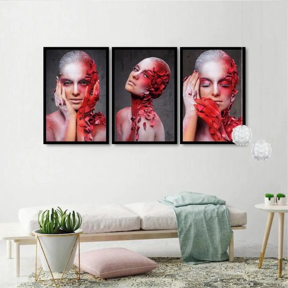 Kit 3 Quadros Mulheres Maquiagem Vermelha Decoração Molduras