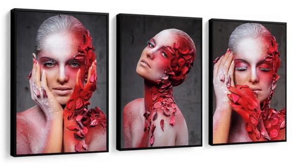 Kit 3 Quadros Mulheres Maquiagem Vermelha Decoração Molduras
