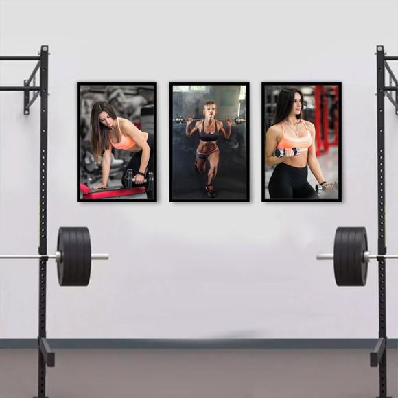 Kit 3 Quadros Musculação Academia Fitness Decoração Moldura