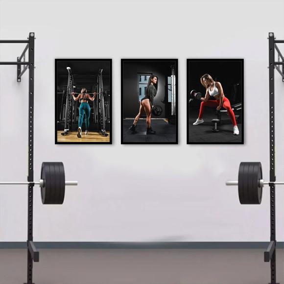 Kit 3 Quadros Musculação Academia Fitness Decoração Moldura