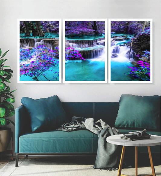 Kit 3 Quadros Natureza Cachoeira Decoração Conjunto Moldura