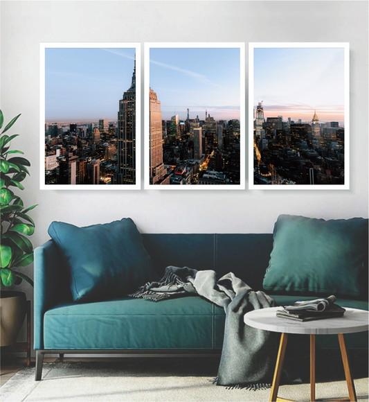 Kit 3 Quadros Nova York Cidade Arranha Céu Decoração Moldura