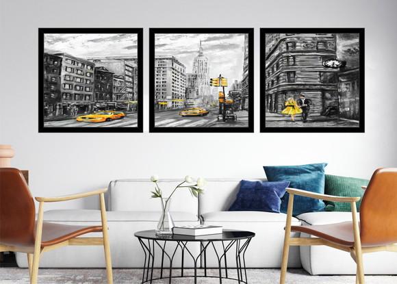 Kit 3 Quadros Nova York Decoração Conjunto Cidades Molduras