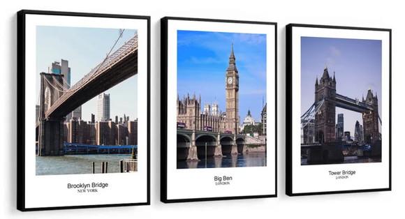 Kit 3 Quadros Nova York e Londres Cidades Decoração Moldura