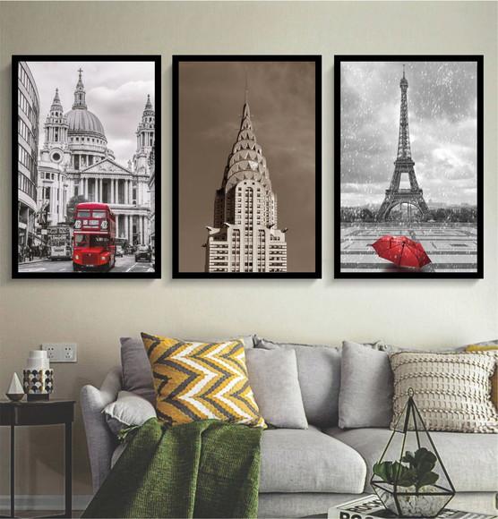 Kit 3 Quadros Nova York Londres e Paris Decoração Molduras