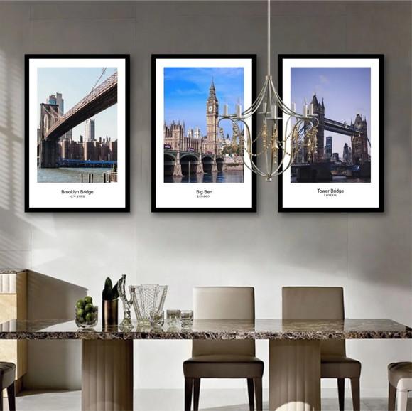 Kit 3 Quadros Nova York e Londres Cidades Decoração Moldura