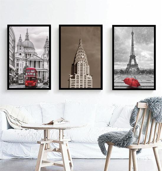 Kit 3 Quadros Nova York Londres e Paris Decoração Molduras