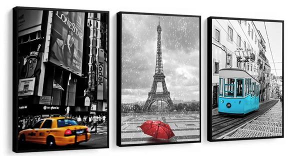 Kit 3 Quadros Nova York Londres Paris Decoração Com Moldura