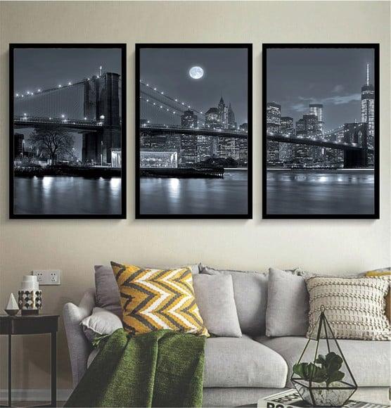 Kit 3 Quadros Nova York Ponte Brooklyn Decoração Com Moldura