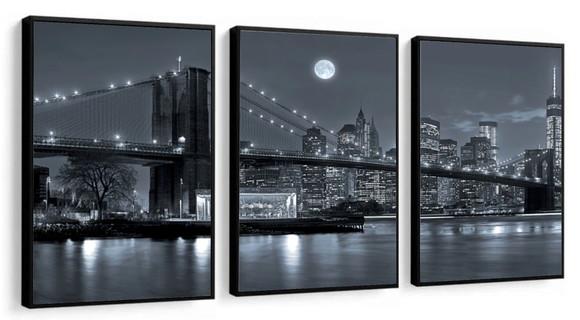 Kit 3 Quadros Nova York Ponte Brooklyn Decoração Com Moldura
