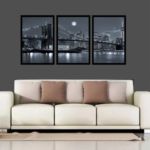 Kit 3 Quadros Nova York Ponte Brooklyn Decoração Com Moldura