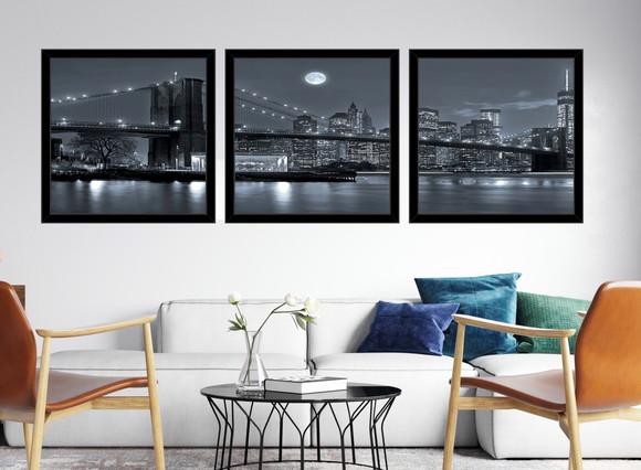 Kit 3 Quadros Nova York Ponte Brooklyn Decoração Lua Moldura