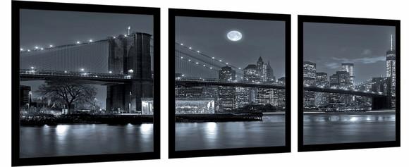 Kit 3 Quadros Nova York Ponte Brooklyn Decoração Lua Moldura