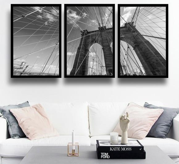 Kit 3 Quadros Nova York Ponte Do Brooklyn Decoração Molduras