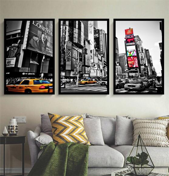 Kit 3 Quadros Nova York Taxi Cidades Decoração Com Molduras