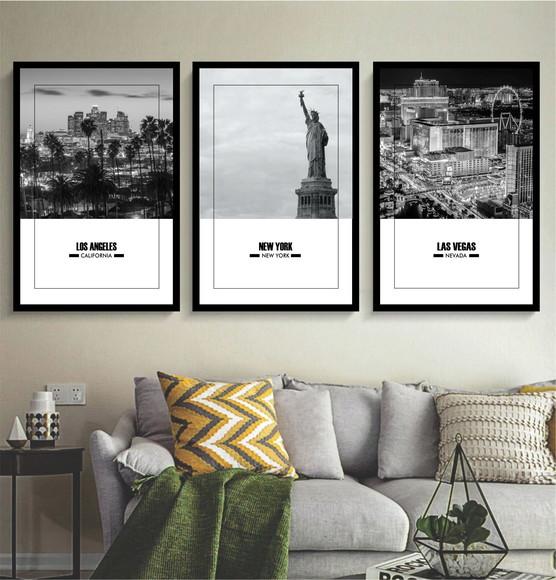 Kit 3 Quadros Nova York Vegas e Los Angeles Cidades Molduras