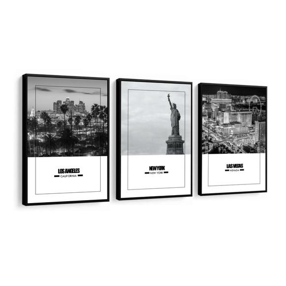 Kit 3 Quadros Nova York Vegas e Los Angeles Cidades Molduras