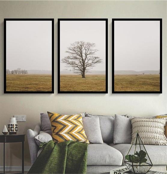 Kit 3 Quadros Paisagem Arvore Decoração Conjunto Com Moldura