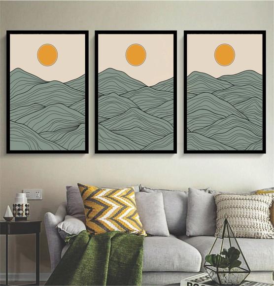 Kit 3 Quadros Paisagem Abstrato Sol Decoração Com Moldura