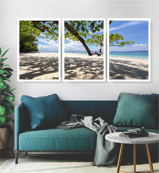 Kit 3 Quadros Paisagem Arvore Praia Mar Decoração Moldura