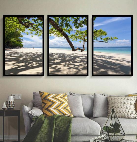Kit 3 Quadros Paisagem Arvore Praia Mar Decoração Moldura