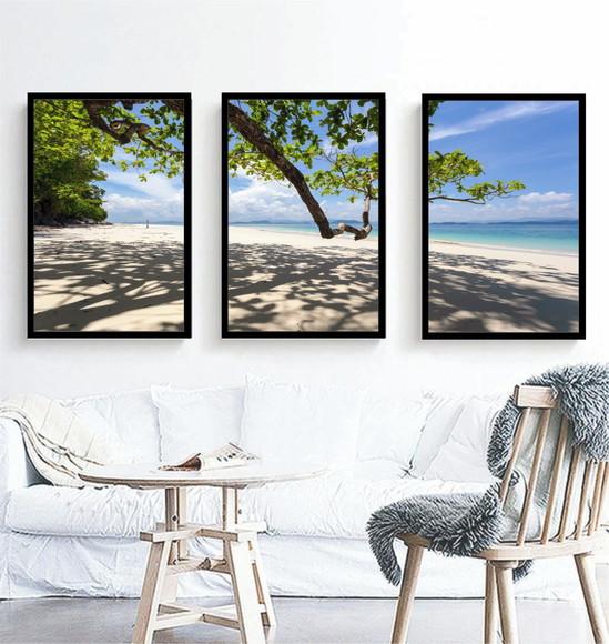 Kit 3 Quadros Paisagem Arvore Praia Mar Decoração Moldura