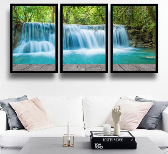 Kit 3 Quadros Paisagem Cachoeira Decoração Conjunto Moldura