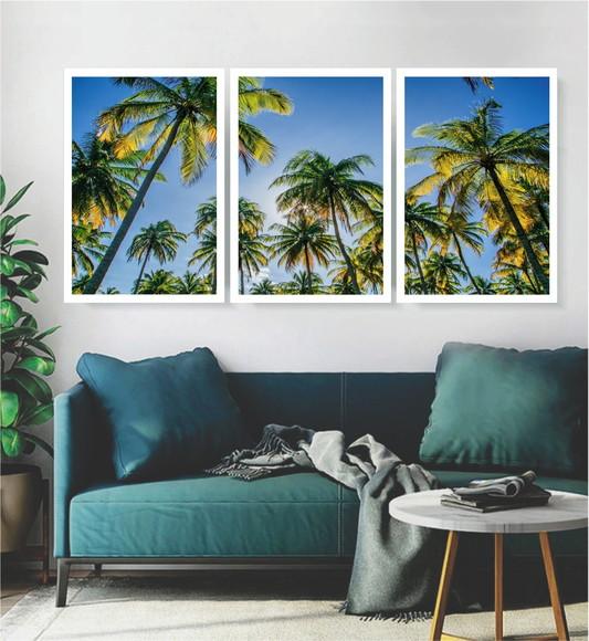 Kit 3 Quadros Paisagem Coqueiro Praia Sol Decoração Moldura