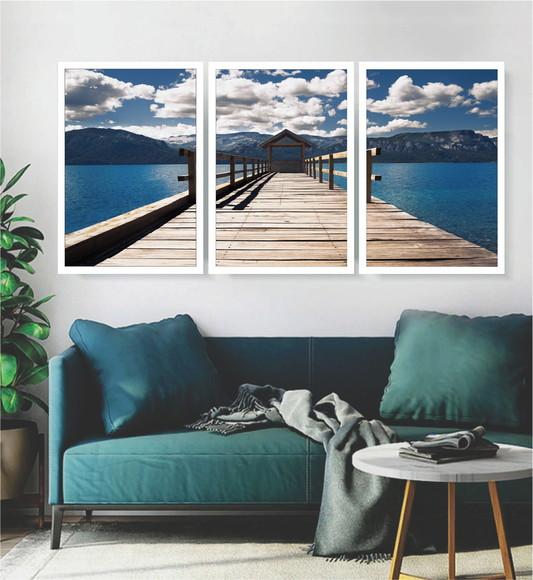 Kit 3 Quadros Paisagem Deck Decoração Lago Conjunto Moldura
